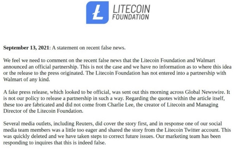 Walmart điều tra cách thức thông cáo báo chí giả mạo về mối quan hệ hợp tác với Litecoin đã được đăng - Tin Tức Bitcoin 2024