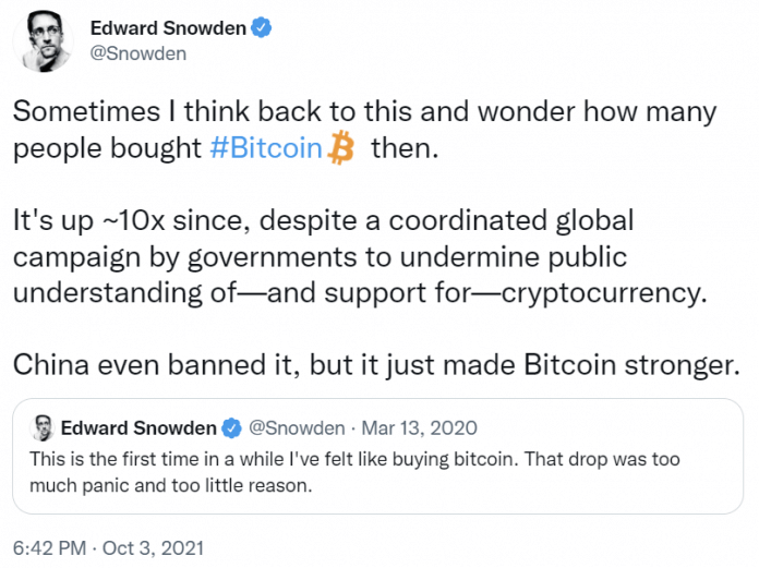 Edward Snowden cho biết Bitcoin tăng gấp 10 lần kể từ khi anh ấy tweet về việc mua nó, lệnh cấm của Trung Quốc khiến BTC mạnh hơn - Tin Tức Bitcoin 2024