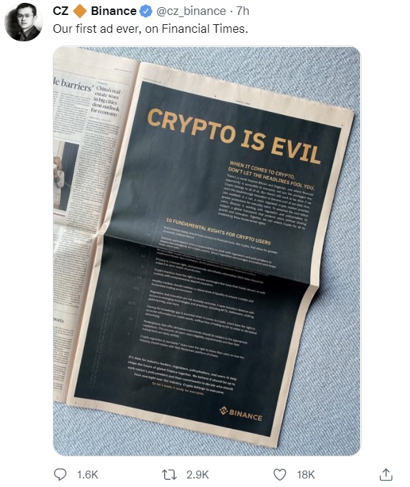Binance kêu gọi Quy định về tiền điện tử toàn cầu trong khi tung ra chiến dịch quảng cáo 'Crypto là điều xấu xa'