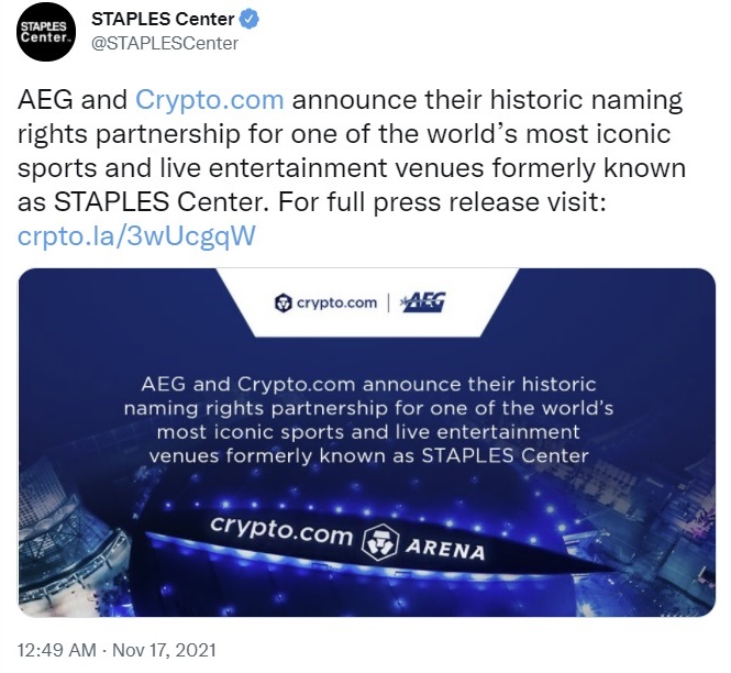 Iconic Staples Center, Home of Los Angeles Lakers, Đổi tên thành Crypto.com Arena - Tin Tức Bitcoin 2024