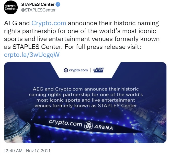 Iconic Staples Center, Home of Los Angeles Lakers, Đổi tên thành Crypto.com Arena - Tin Tức Bitcoin - Cập Nhật Tin Tức Coin Mới Nhất 24/7 2025