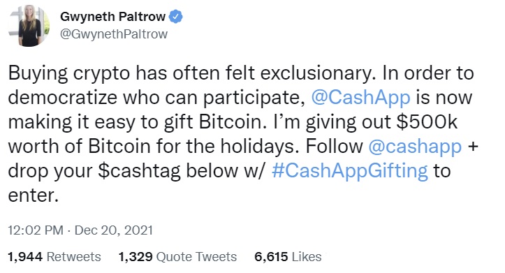 Quà tặng Bitcoin: Nữ diễn viên Gwyneth Paltrow tặng $ 550K BTC cho kỳ nghỉ Quà tặng Bitcoin: Nữ diễn viên Gwyneth Paltrow tặng $ 550K BTC cho kỳ nghỉ
