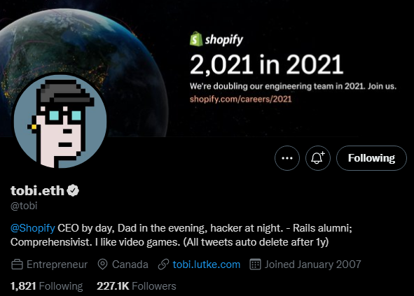 Giám đốc điều hành Shopify Tham gia cộng đồng Ethereum với Xử lý Twitter mới - Tin Tức Bitcoin - Cập Nhật Tin Tức Coin Mới Nhất 24/7 2025 ETH