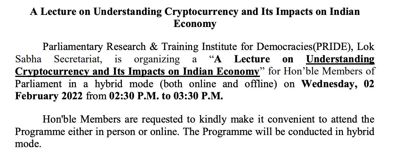 Chương trình nghị sự của quốc hội Ấn Độ bao gồm phiên đào tạo về tiền điện tử, loại bỏ dự luật cấm tài sản kỹ thuật số 5