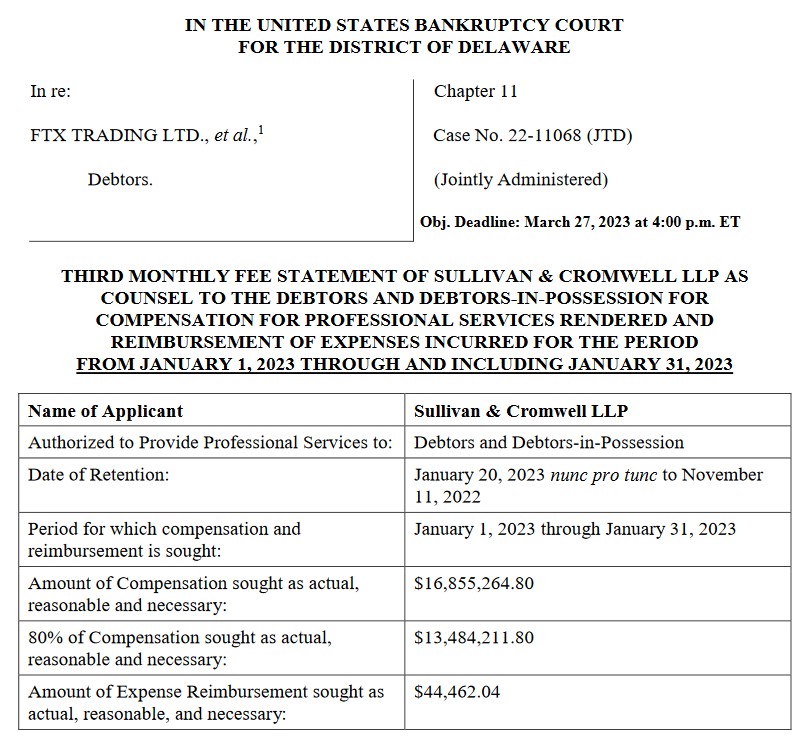 Báo cáo phí của Sullivan & Cromwell với tư cách là cố vấn cho FTX Trading trong tháng Giêng. Nguồn: Kroll