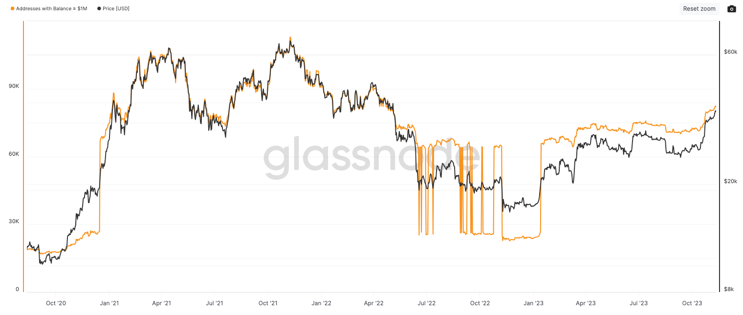 Số lượng ví Bitcoin “triệu phú” đã tăng hơn 237% so với đầu năm. Nguồn: Glassnode