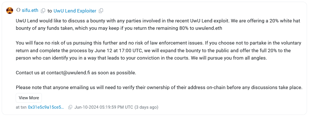 UwU Lend treo thưởng 5 triệu USD cho danh tính hacker - Tin Tức Bitcoin - Cập Nhật Tin Tức Coin Mới Nhất 24/7 2025 UwU Lend treo thưởng 5 triệu USD cho danh tính hacker - Tin Tức Bitcoin - Cập Nhật Tin Tức Coin Mới Nhất 24/7 2025