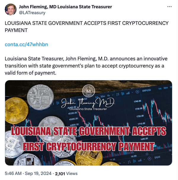 Louisiana chấp nhận thanh toán crypto đầu tiên qua Bitcoin Lightning - Tin Tức Bitcoin - Cập Nhật Tin Tức Coin Mới Nhất 24/7 2024