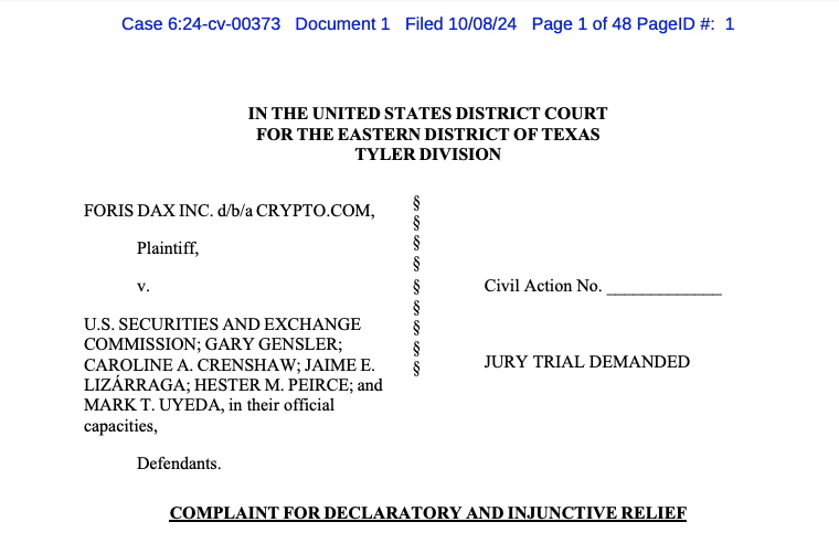 Trang đầu của đơn kiện của Crypto.com đối với SEC. Nguồn: Crypto.com