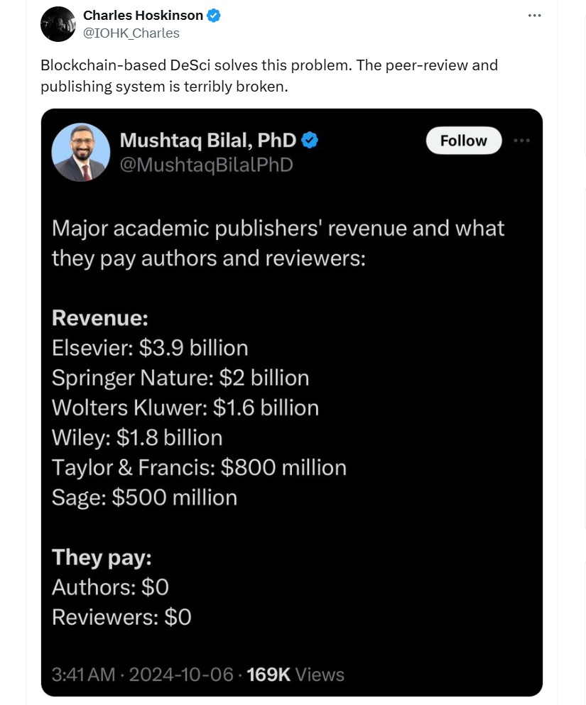Blockchain-based DeSci: Giải pháp cho vấn đề phản biện khoa học - Tin Tức Bitcoin - Cập Nhật Tin Tức Coin Mới Nhất 24/7 2025 Charles Hoskinson tuyên bố DeSci có thể giải quyết vấn đề phản biện đồng cấp trong một bài đăng trên X.com. Nguồn: Charles Hoskinson