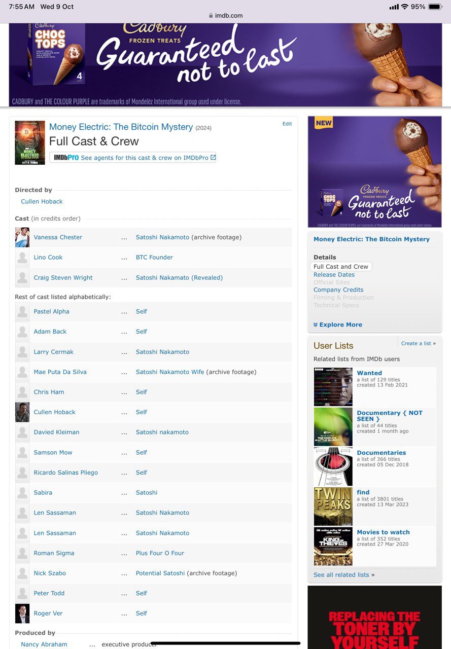 Trang IMDB của bộ phim tài liệu HBO đã bị chỉnh sửa để đổi gần như tất cả nhân vật thành Satoshi Nakamoto. Nguồn: IMDB
