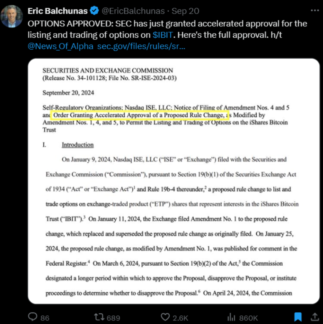 SEC đã phê duyệt các tùy chọn trên Bitcoin ETF hồ sơ của iShare vào tháng 9. Nguồn: Eric Balchunas
