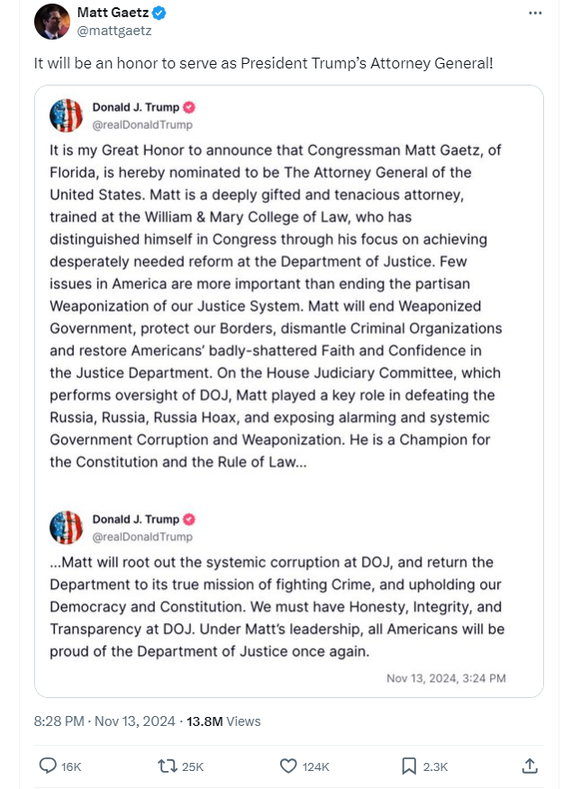 Trump chọn Matt Gaetz thân Bitcoin làm tổng chưởng lý - Tin Tức Bitcoin - Cập Nhật Tin Tức Coin Mới Nhất 24/7 2025 Tiền điện tử, Quốc hội, Hoa Kỳ, Donald Trump, Bầu cử Hoa Kỳ 2024