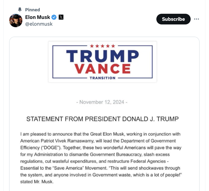 Một đoạn trích từ công bố DOGE của Donald Trump được Elon Musk chia sẻ trên X. Nguồn: Elon Musk