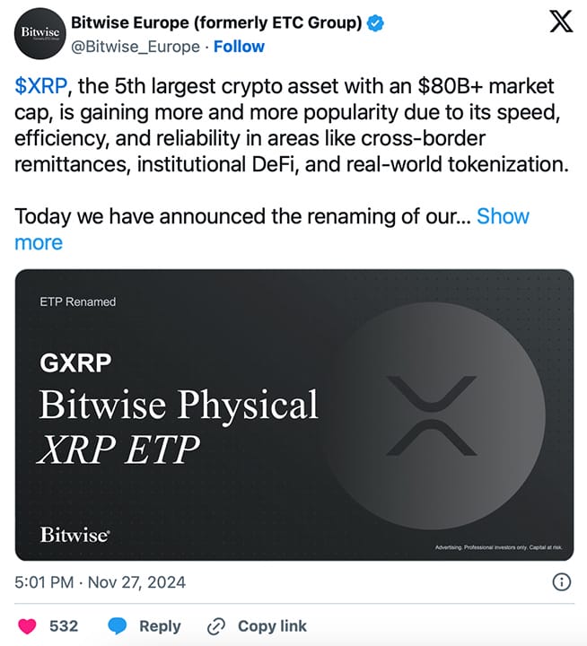 Bitwise đổi tên XRP ETF thành GXRP - Tin Tức Bitcoin - Cập Nhật Tin Tức Coin Mới Nhất 24/7 2025