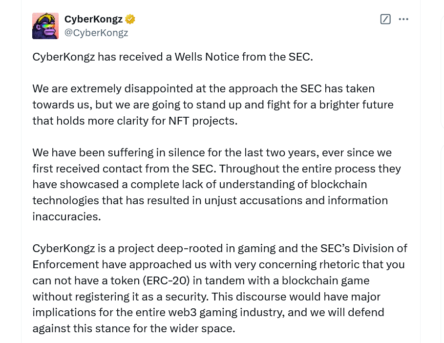 CyberKongz nhận thông báo Wells: Tác động lớn đến Token trò chơi - Tin Tức Bitcoin - Cập Nhật Tin Tức Coin Mới Nhất 24/7 2025 SEC, Games, Web3