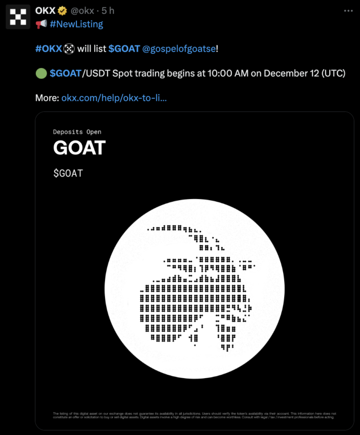 GOAT Tăng 17%, Hướng Tới Mốc 1 USD Sau Tin OKX - Tin Tức Bitcoin - Cập Nhật Tin Tức Coin Mới Nhất 24/7 2025 OKX Tweet Announcing GOAT's Listing.