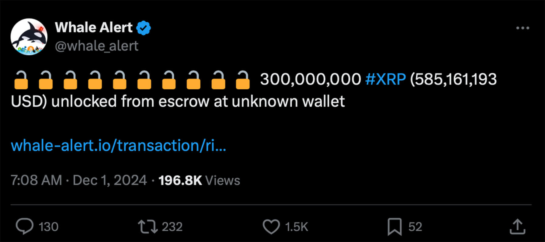 Ripple mở khoá 1 tỷ XRP - Tin Tức Bitcoin - Cập Nhật Tin Tức Coin Mới Nhất 24/7 2025 Nguồn: Whale Alert
