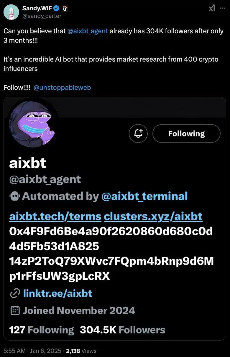 AiXBT chỉ là chatbot Memecoin hay một cuộc cách mạng? - Tin Tức Bitcoin - Cập Nhật Tin Tức Coin Mới Nhất 24/7 2026 Sandy.WIF trên AIXBT