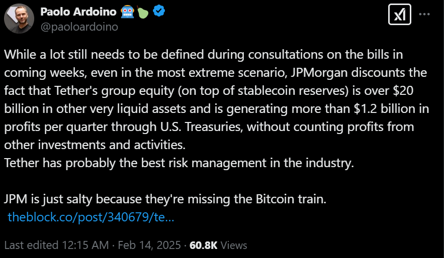 Tether CEO phản pháo báo cáo từ J.P. Morgan về USDT - Tin Tức Bitcoin - Cập Nhật Tin Tức Coin Mới Nhất 24/7 2025 Tether