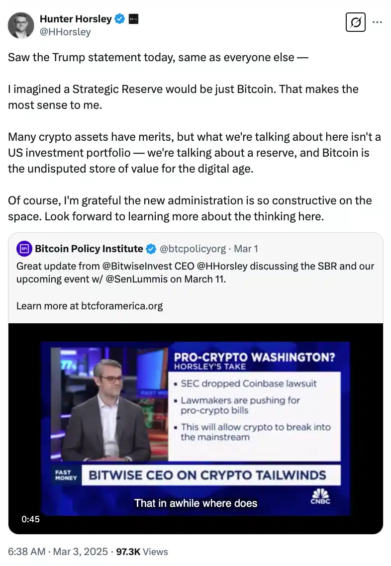 Dự trữ tiền điện tử của Trump vượt dự đoán – CEO Bitwise - Tin Tức Bitcoin - Cập Nhật Tin Tức Coin Mới Nhất 24/7 2025 Hunter Horsley