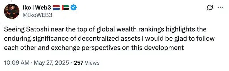 Satoshi Nakamoto sở hữu 120 tỷ USD, vượt Elon Musk? - Tin Tức Bitcoin - Cập Nhật Tin Tức Coin Mới Nhất 24/7 2025 X user on Satoshi