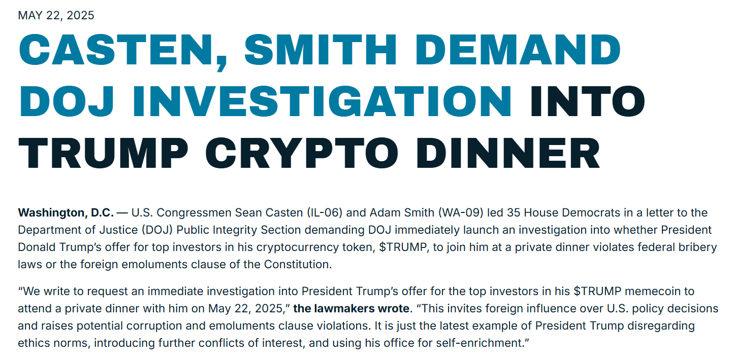 Memecoin giảm giá: Gala của Trump tác động ra sao? - Tin Tức Bitcoin - Cập Nhật Tin Tức Coin Mới Nhất 24/7 2025 Investigation Into Trump Crypto Dinner