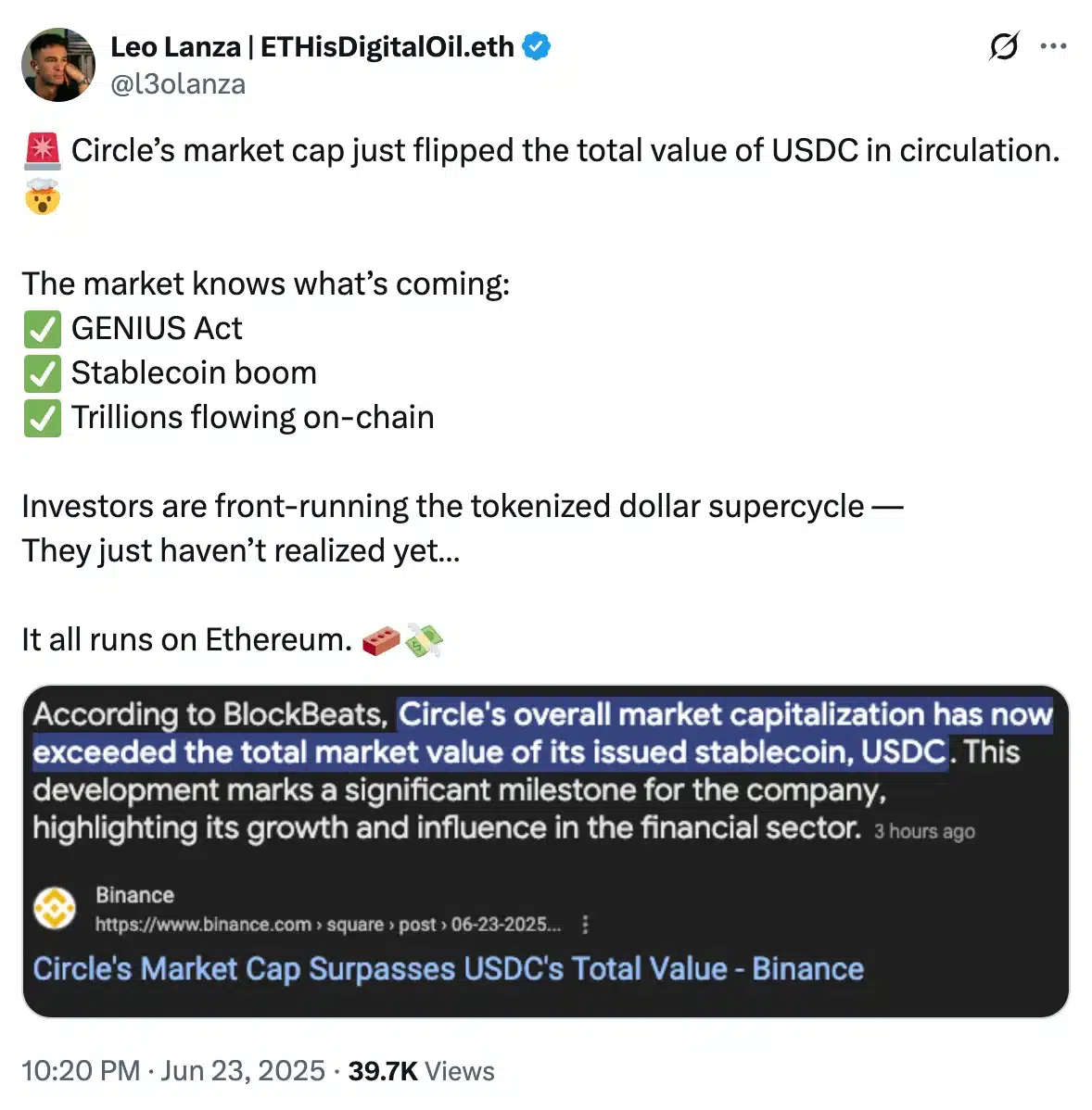 CRCL tăng 8 lần trong 12 ngày USDC có vượt USDT kịp không - Tin Tức Bitcoin - Cập Nhật Tin Tức Coin Mới Nhất 24/7 2025 Leo Lanza on Circle's USDC