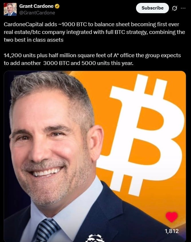 Cardone Capital chi 101 triệu USD mua Bitcoin, kế hoạch tăng thêm 3K BTC - Tin Tức Bitcoin - Cập Nhật Tin Tức Coin Mới Nhất 24/7 2025 Bitcoin