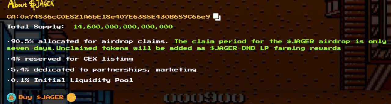 Jager (JAGER) là gì? Meme coin với cơ chế airdrop và chia sẻ thuế trên BNB Chain Phân bổ token JAGER