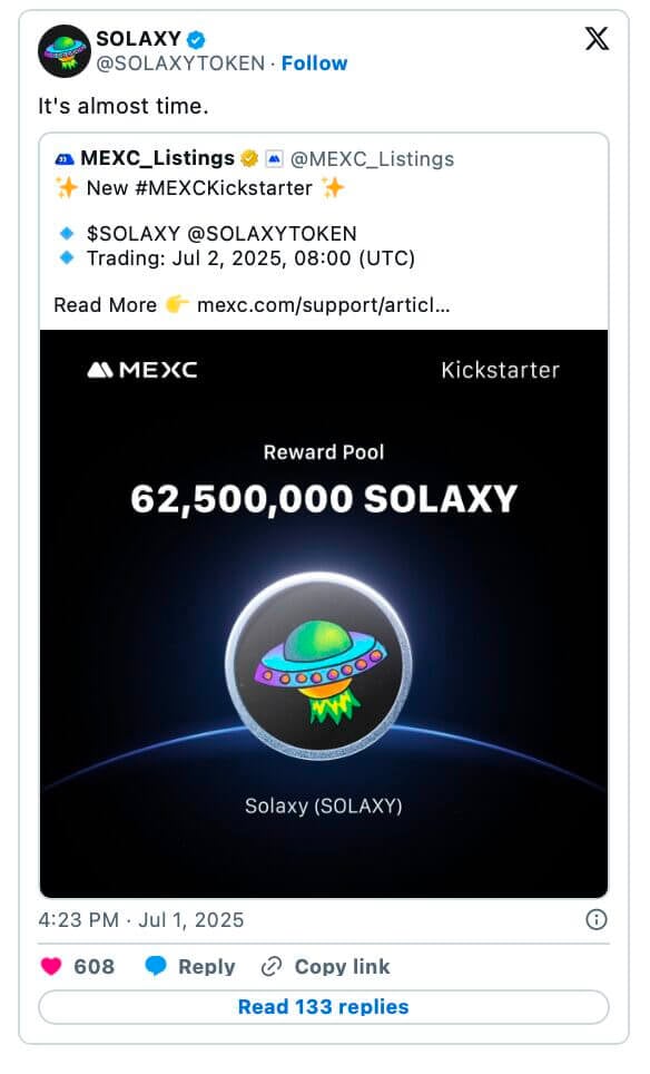 Solaxy Tăng 127% Sau Khi Lên MEXC – Sắp Được Niêm Yết Trên Nhiều Sàn CEX Lớn - Tin Tức Bitcoin - Cập Nhật Tin Tức Coin Mới Nhất 24/7 2025