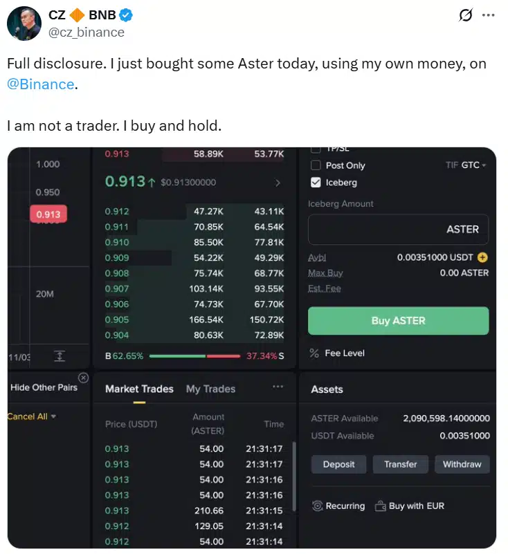 Giá Aster tăng vọt sau khi CZ tiết lộ nắm giữ 2,5 triệu USD - Tin Tức Bitcoin - Cập Nhật Tin Tức Coin Mới Nhất 24/7 2025