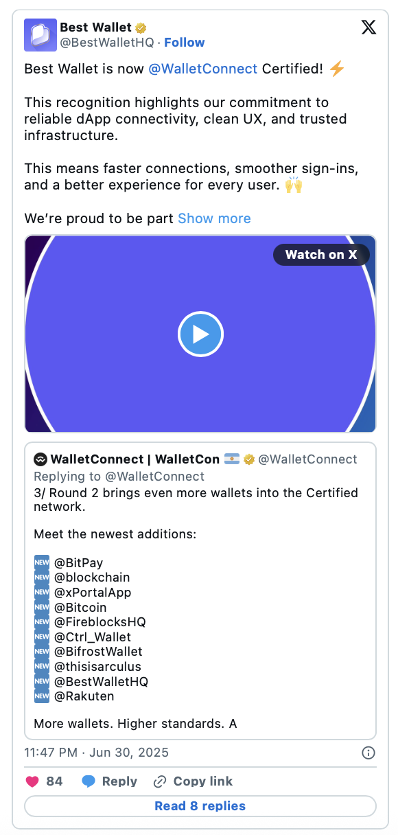 Được chứng nhận WalletConnect – Tích hợp DEX và hệ sinh thái mở rộng