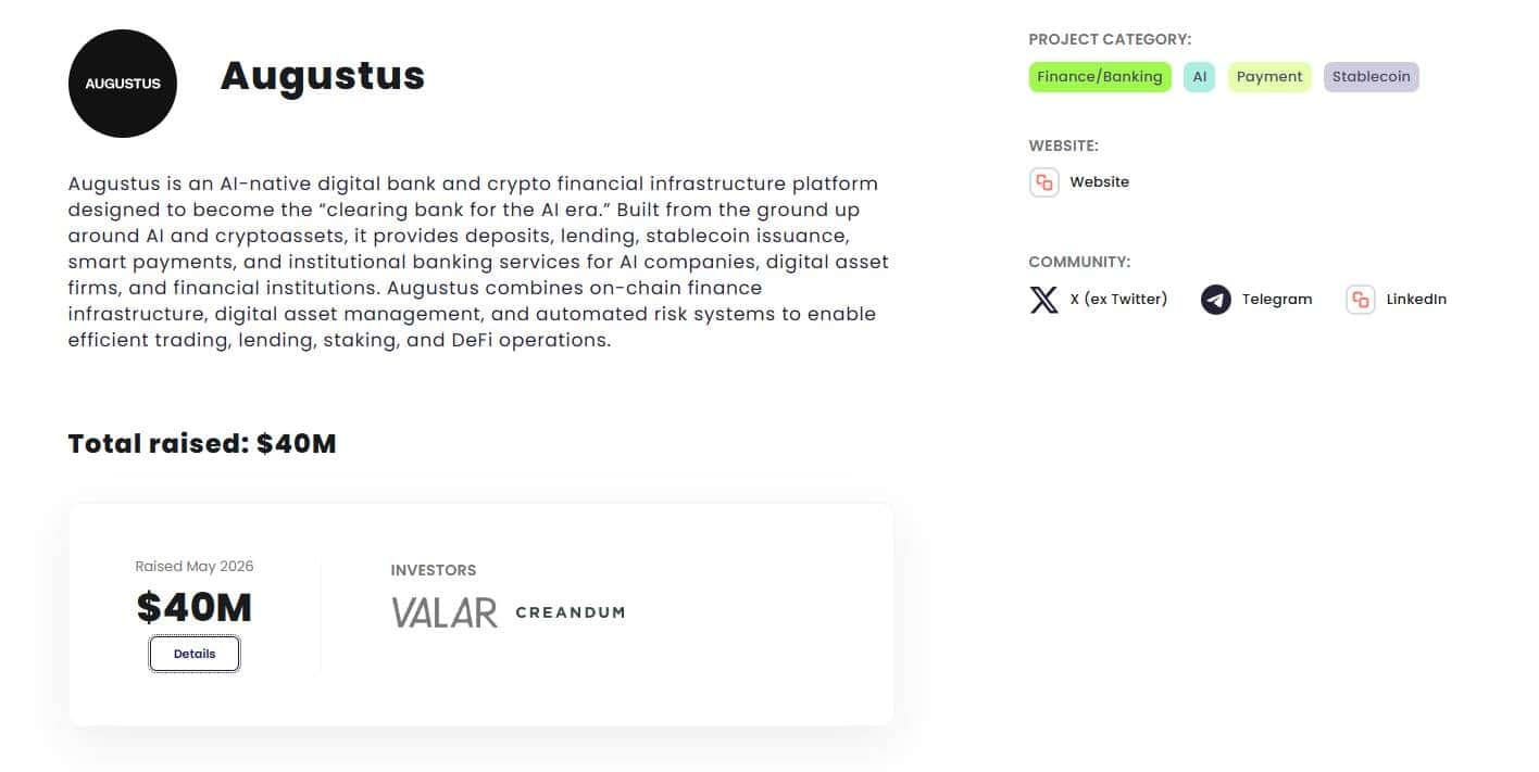 Augustus là gì? Hạ tầng ngân hàng số và crypto cho doanh nghiệp - Tin Tức Bitcoin - Cập Nhật Tin Tức Coin Mới Nhất 24/7 2026 Các nhà đầu tư và vòng gọi vốn của Augustus