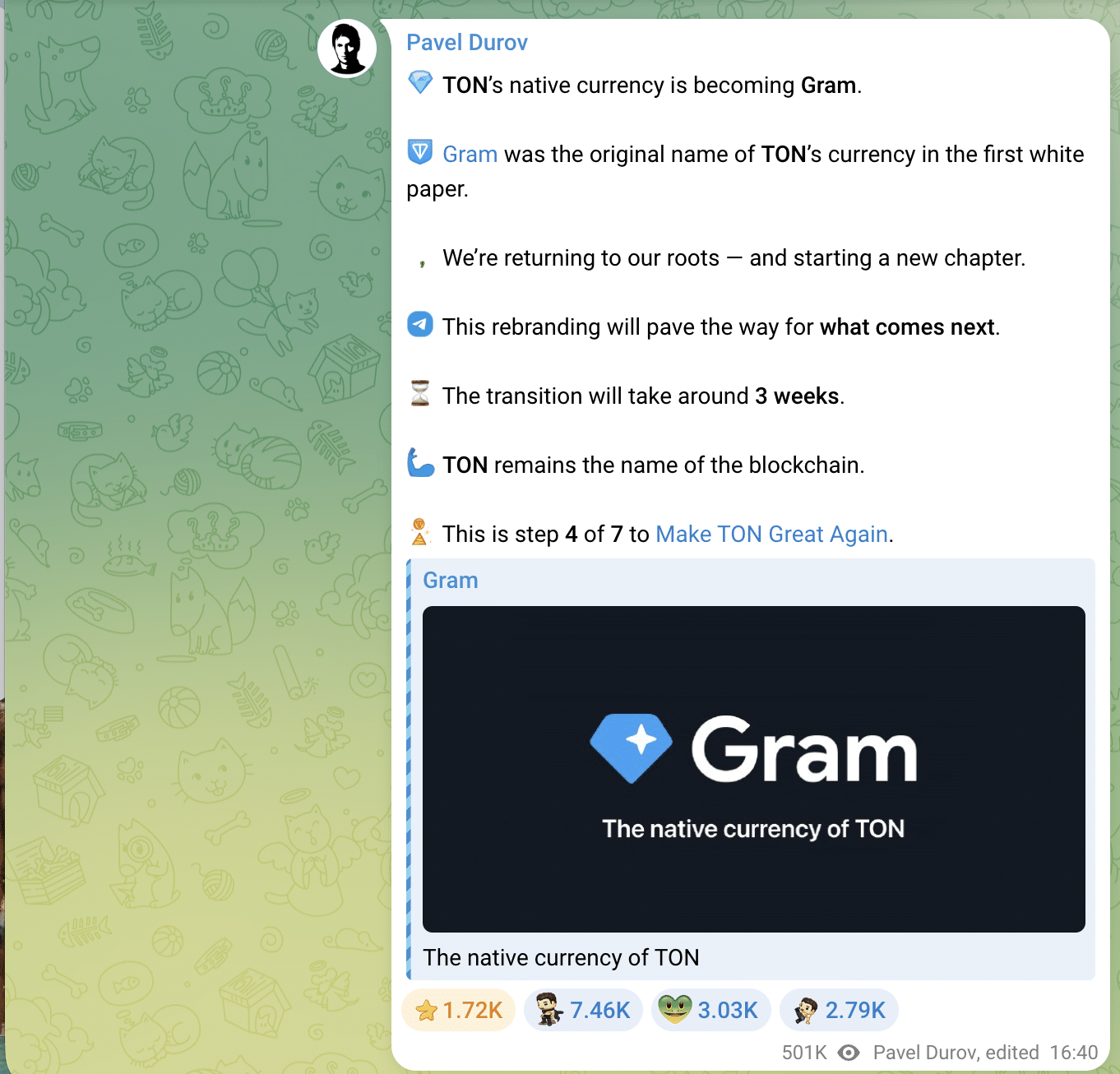 Pavel Durov announcing Gram