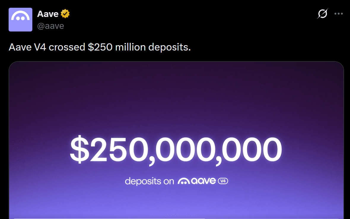 Aave V4 vượt 250 triệu USD nhưng còn một thách thức thanh khoản - Tin Tức Bitcoin - Cập Nhật Tin Tức Coin Mới Nhất 24/7 2026 Aave V4 vượt 250 triệu USD nhưng còn một thách thức thanh khoản - Tin Tức Bitcoin - Cập Nhật Tin Tức Coin Mới Nhất 24/7 2026