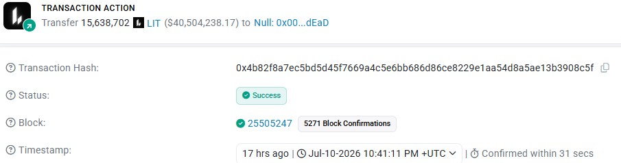 LIT đốt 42 triệu USD đủ kích hoạt đợt tăng mới? - Tin Tức Bitcoin - Cập Nhật Tin Tức Coin Mới Nhất 24/7 2026 Etherscan LIT Burn