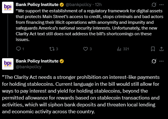 Ngân hàng phản đối thỏa thuận lợi suất stablecoin, CLARITY Act đủ 60 phiếu? - Tin Tức Bitcoin - Cập Nhật Tin Tức Coin Mới Nhất 24/7 2026 CLARITY Act