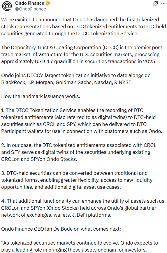 Ondo tham gia sáng kiến token hóa DTCC, đà tăng giá chưa xác nhận - Tin Tức Bitcoin - Cập Nhật Tin Tức Coin Mới Nhất 24/7 2026 Ondo DTCC Announcement