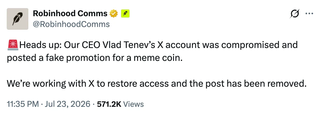Vlad Tenev’s X account was compromised